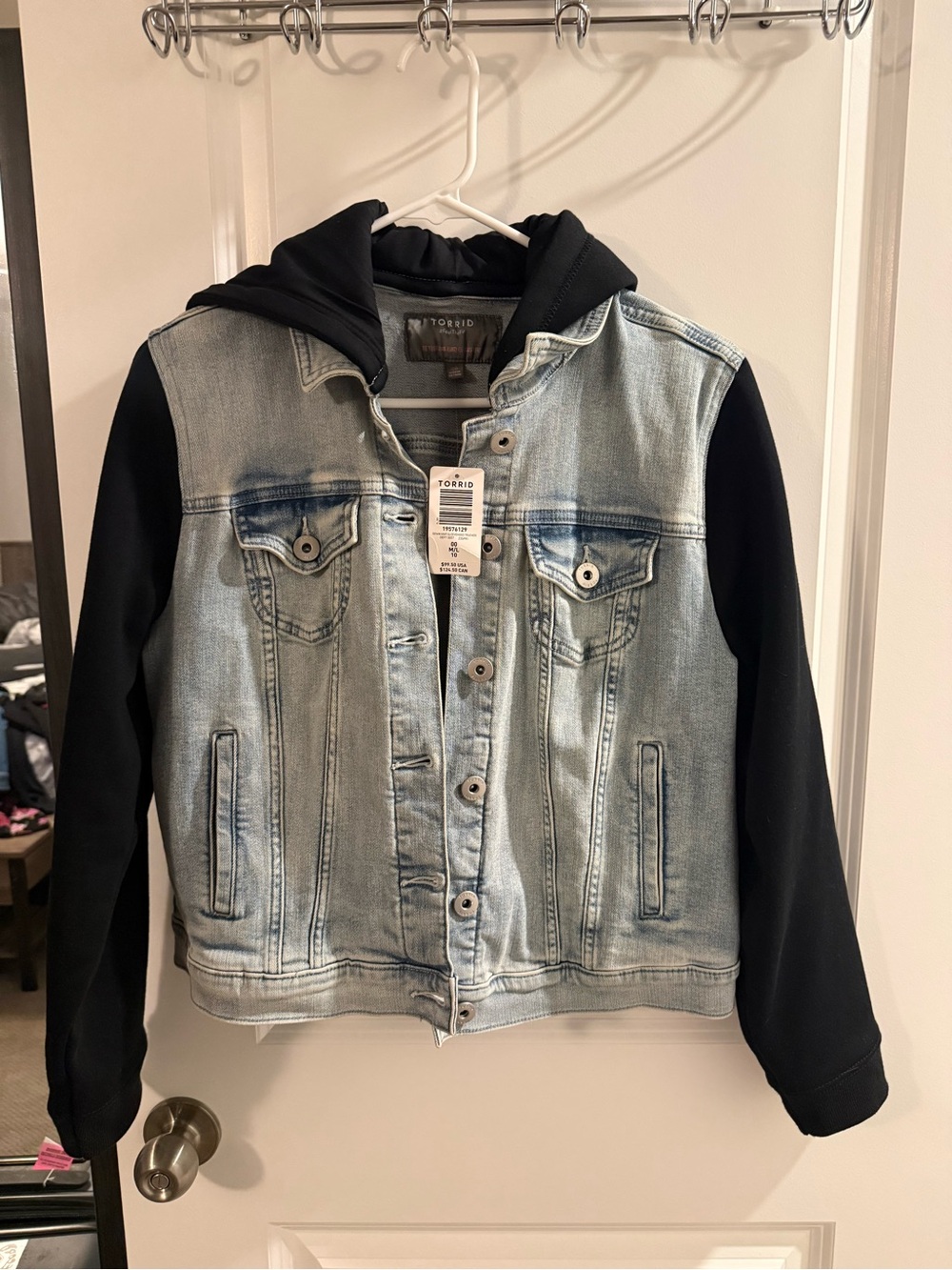 00 torrid Light Blue Denim Jacket with Black Hoodie Sleeves